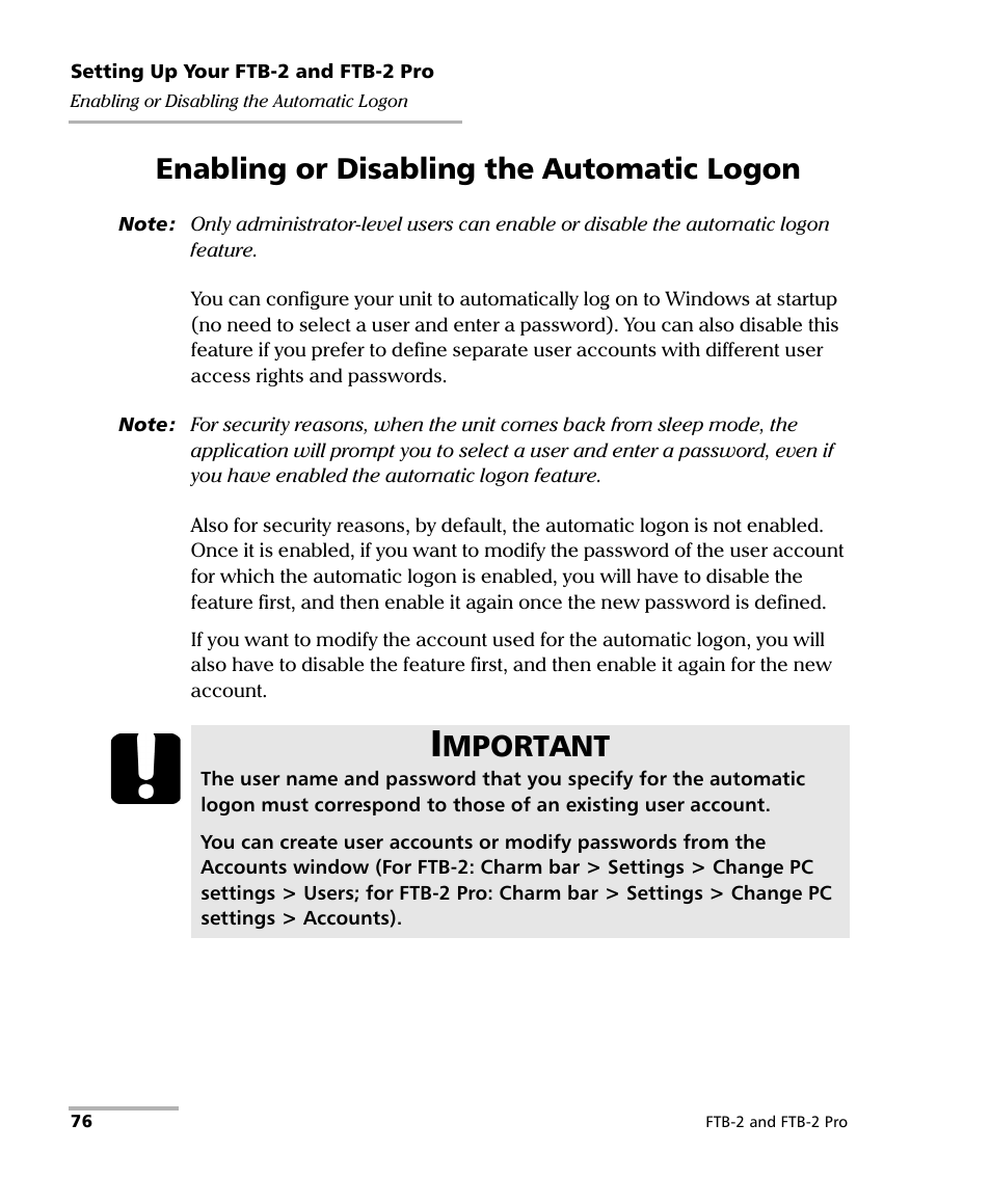 Enabling or disabling the automatic logon, Mportant | EXFO FTB-2 User Manual | Page 86 / 443
