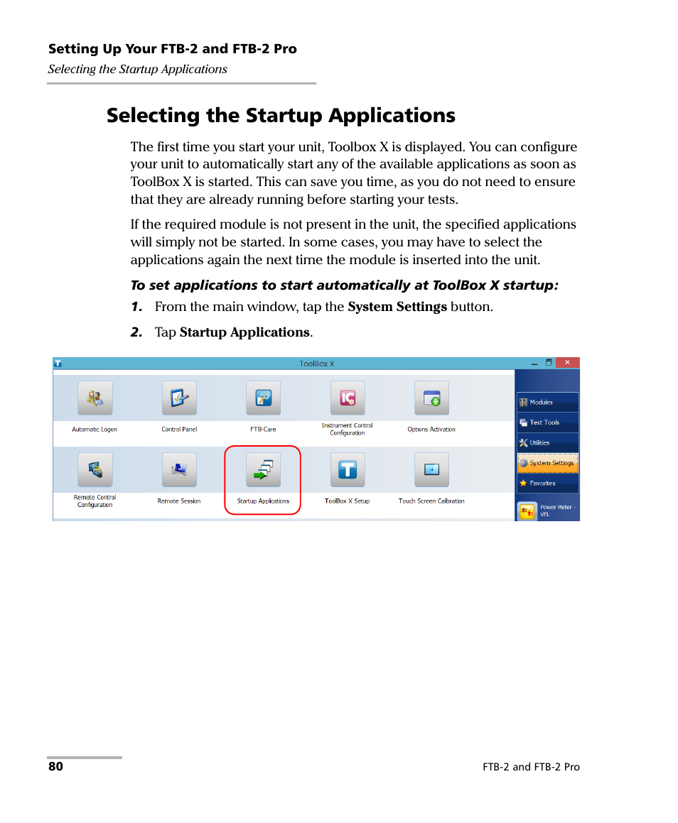 Selecting the startup applications | EXFO FTB-2 User Manual | Page 90 / 443