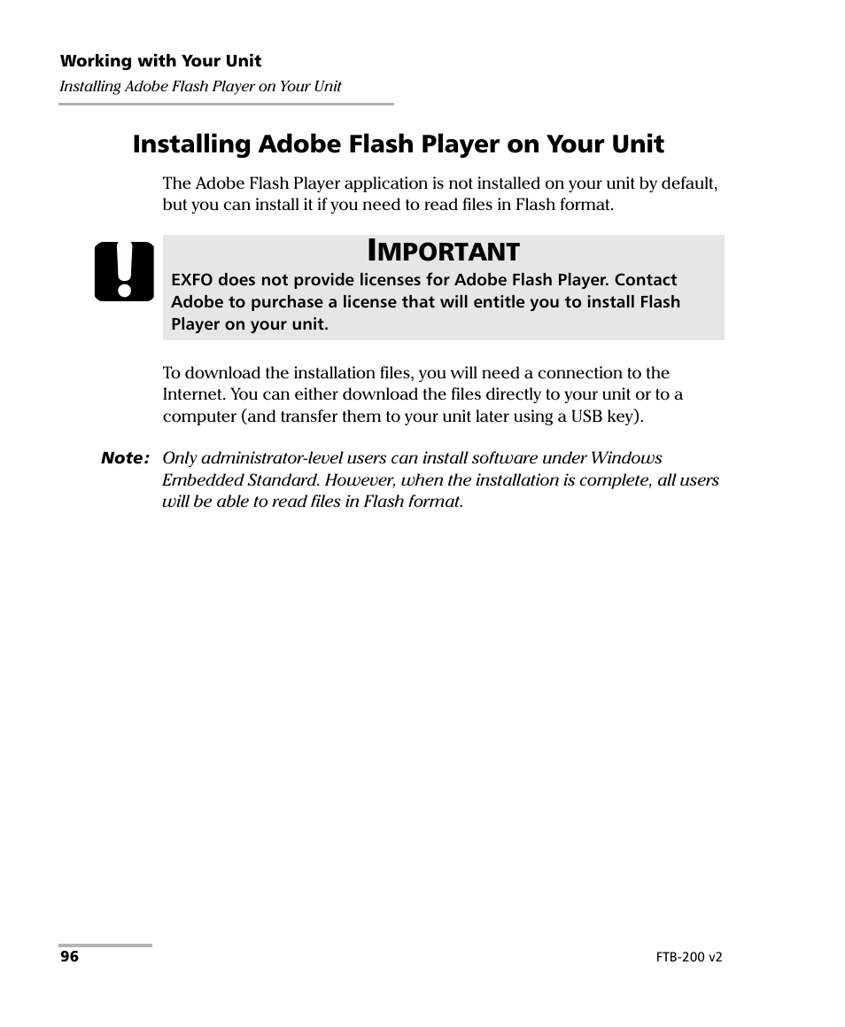 Installing adobe flash player on your unit, Mportant | EXFO FTB-200 v2 Compact Modular Platform User Manual | Page 106 / 222