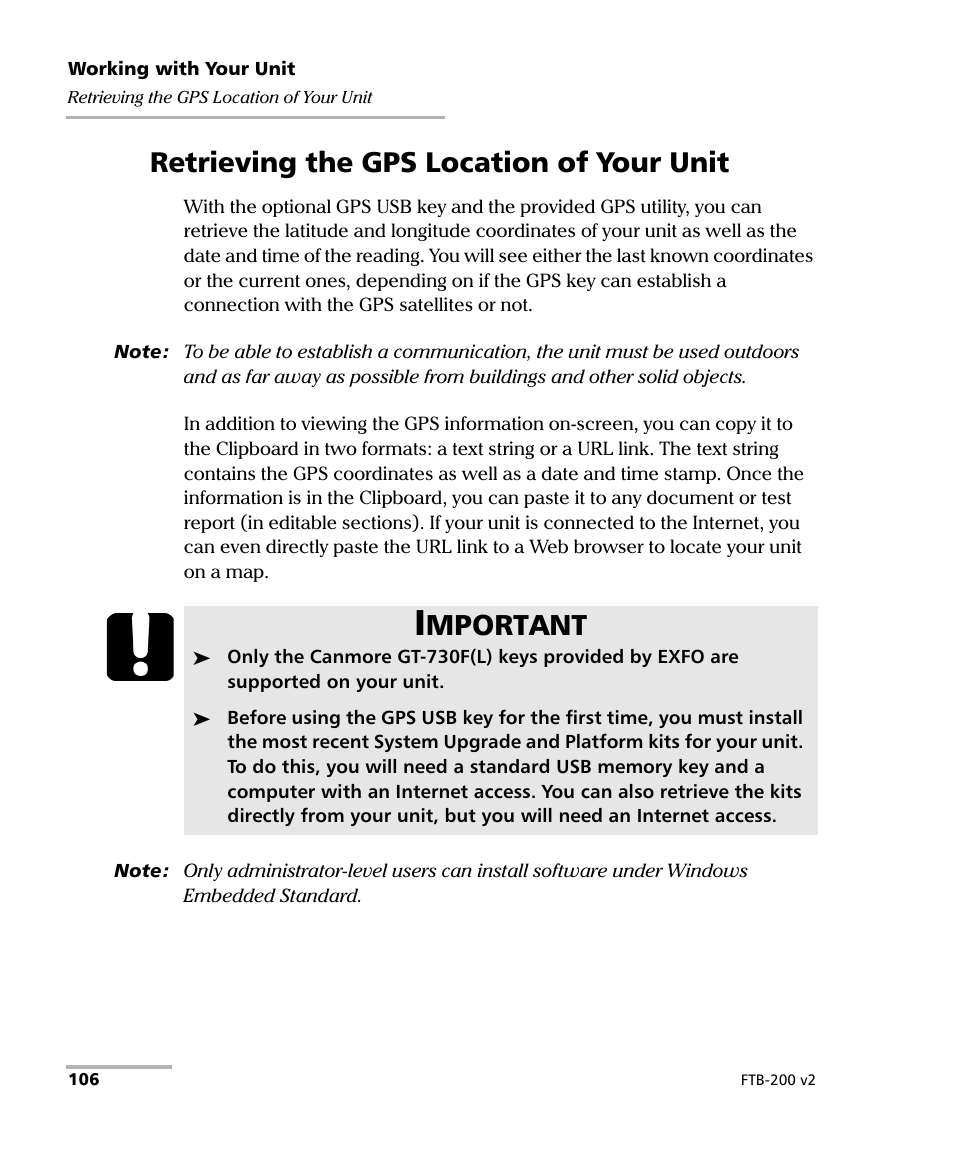 Retrieving the gps location of your unit, Retrieving the gps location of your unit on, Mportant | EXFO FTB-200 v2 Compact Modular Platform User Manual | Page 116 / 222