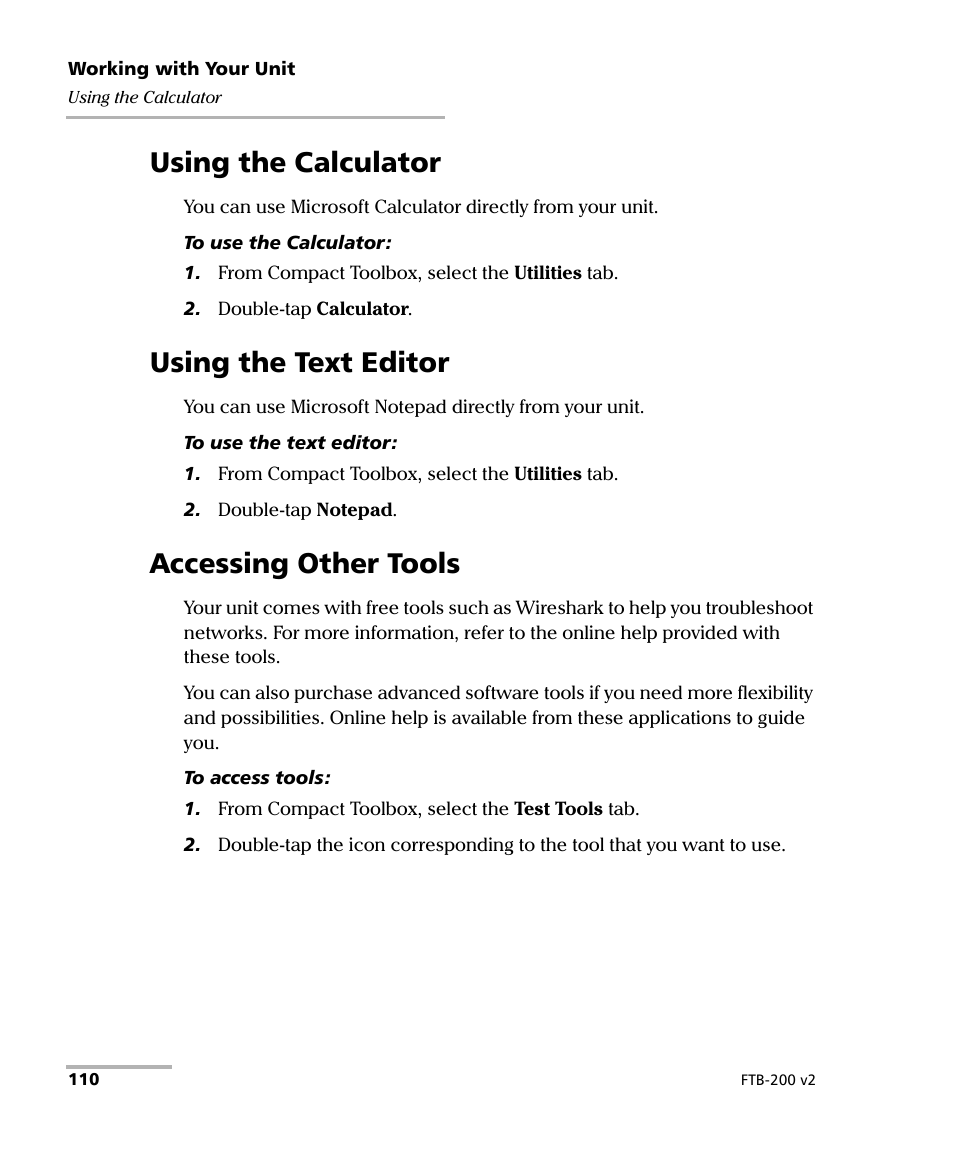 Using the calculator, Using the text editor, Accessing other tools | EXFO FTB-200 v2 Compact Modular Platform User Manual | Page 120 / 222