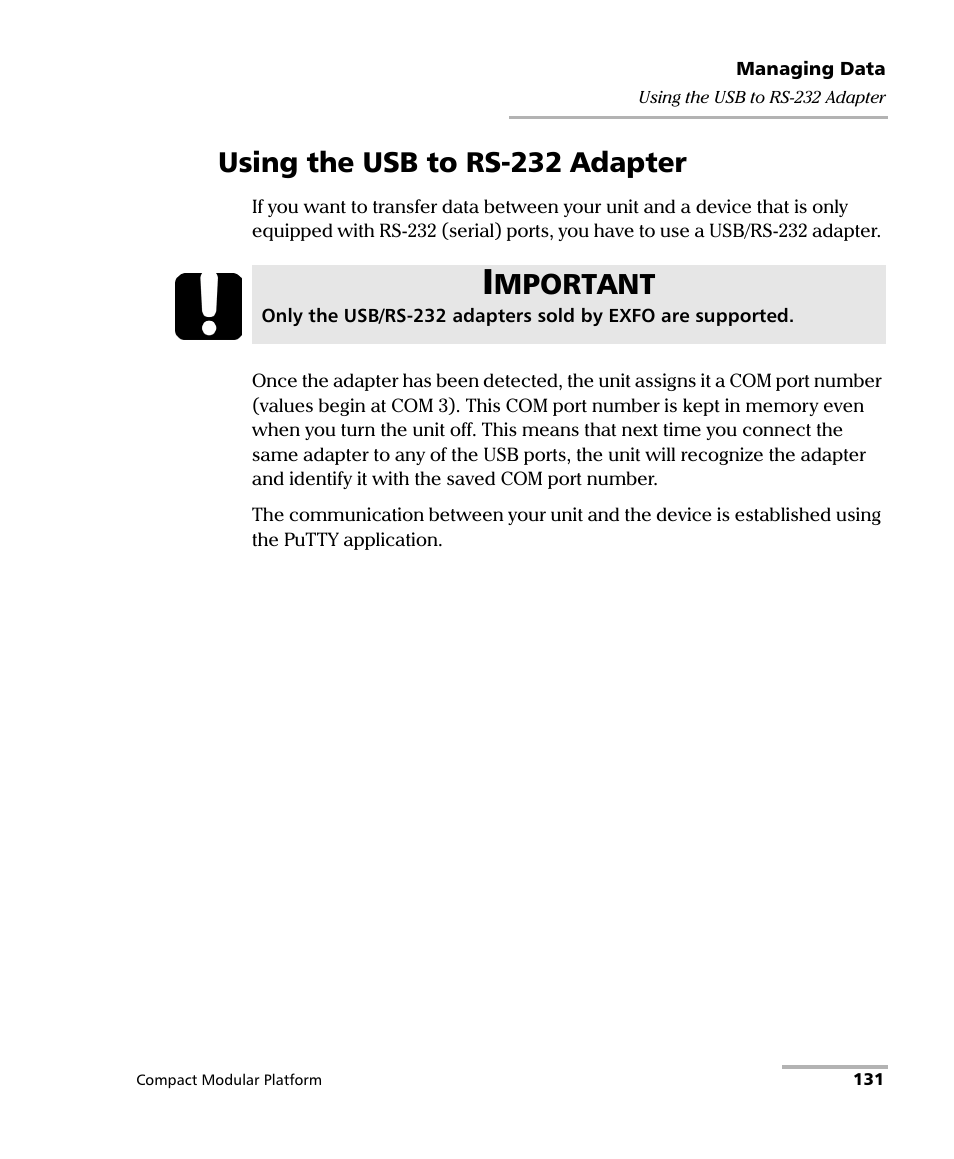 Using the usb to rs-232 adapter, Mportant | EXFO FTB-200 v2 Compact Modular Platform User Manual | Page 141 / 222