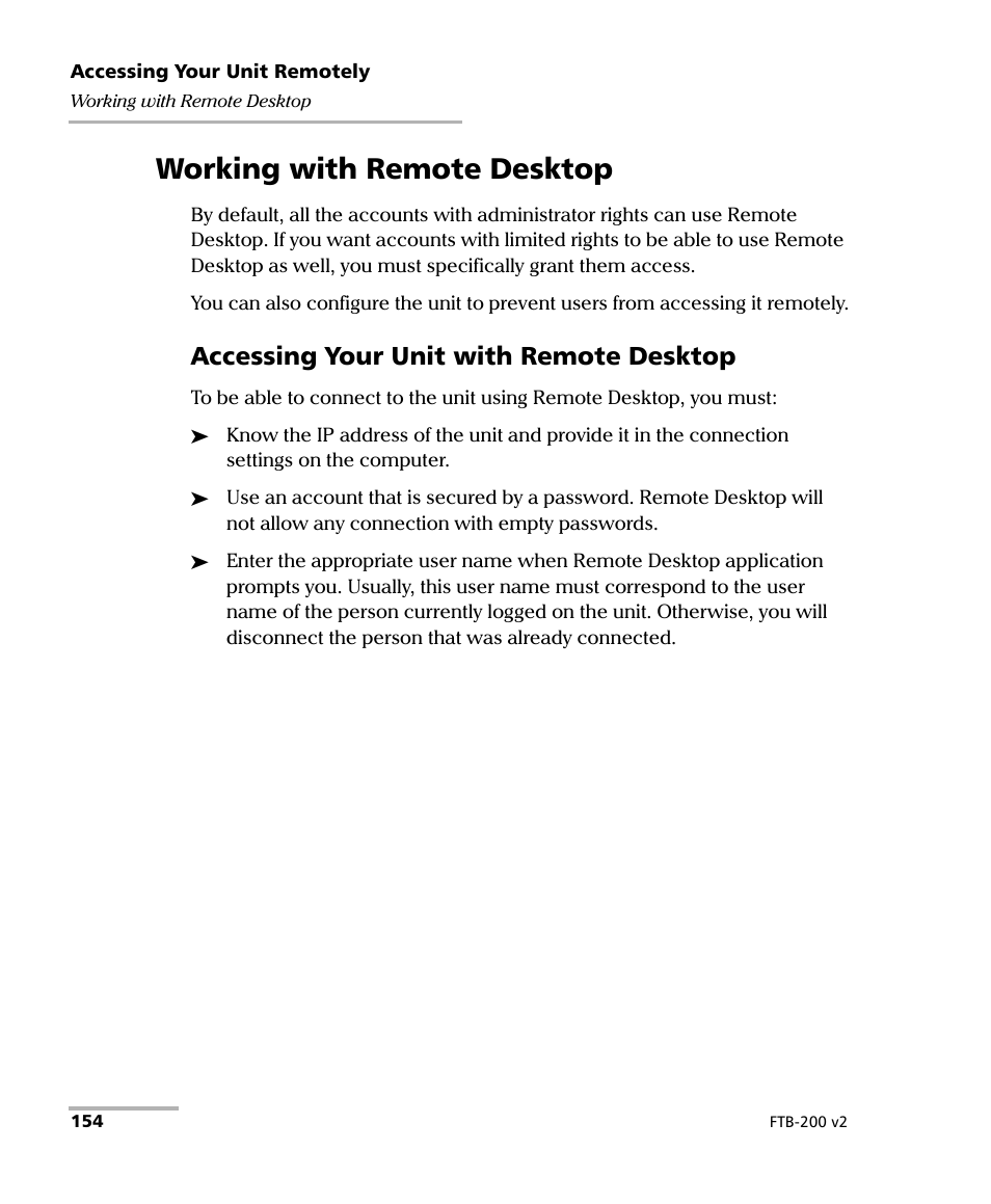 Working with remote desktop, Accessing your unit with remote desktop | EXFO FTB-200 v2 Compact Modular Platform User Manual | Page 164 / 222