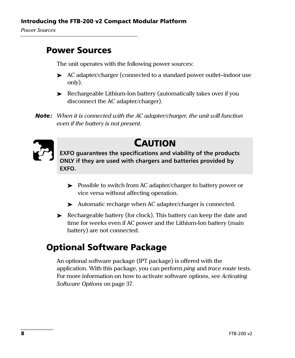 Power sources, Optional software package, Power sources optional software package | Aution | EXFO FTB-200 v2 Compact Modular Platform User Manual | Page 18 / 222