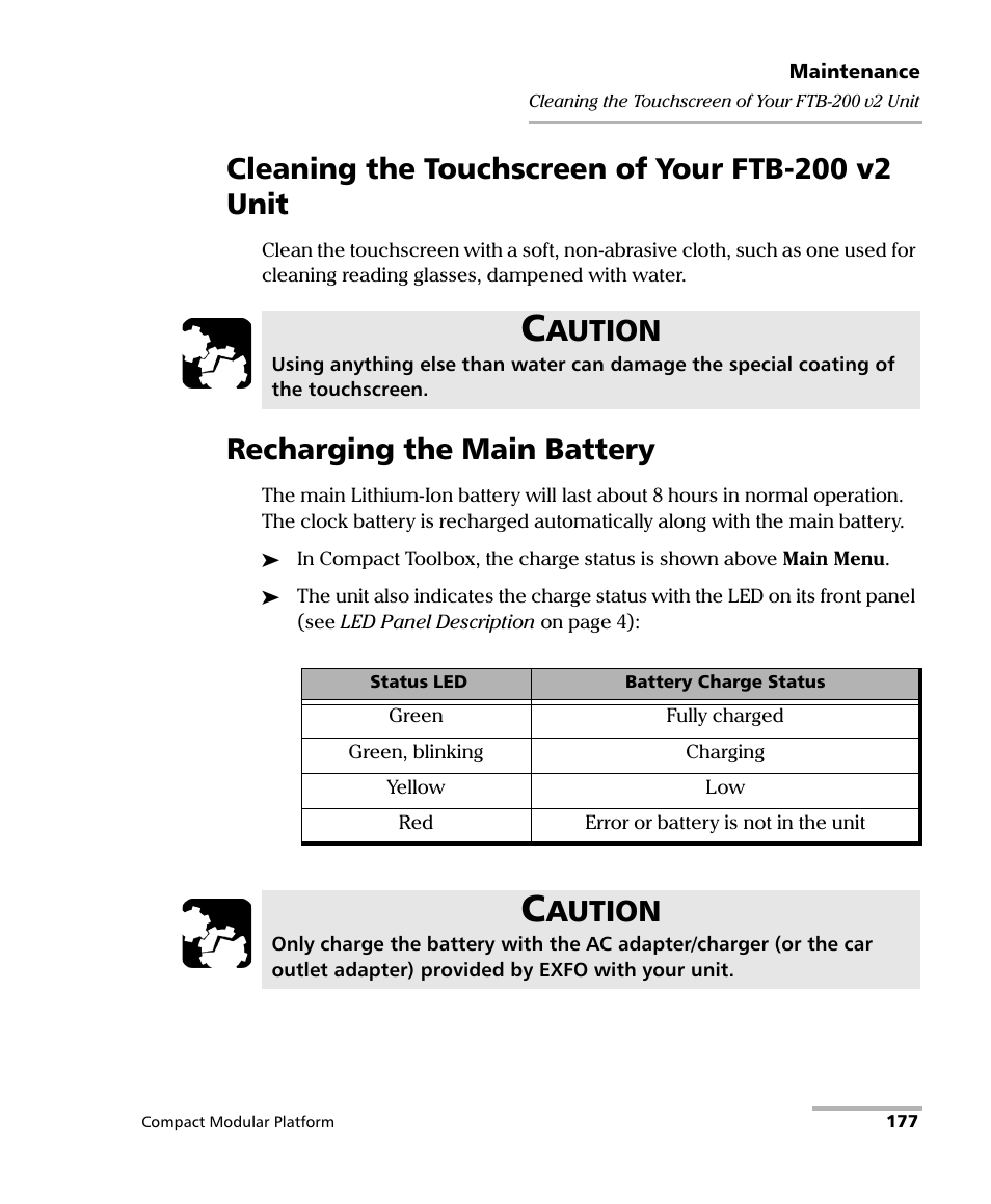 Cleaning the touchscreen of your ftb-200 v2 unit, Recharging the main battery, Aution | EXFO FTB-200 v2 Compact Modular Platform User Manual | Page 187 / 222