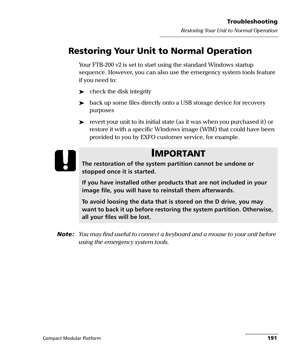 Restoring your unit to normal operation, Mportant | EXFO FTB-200 v2 Compact Modular Platform User Manual | Page 201 / 222