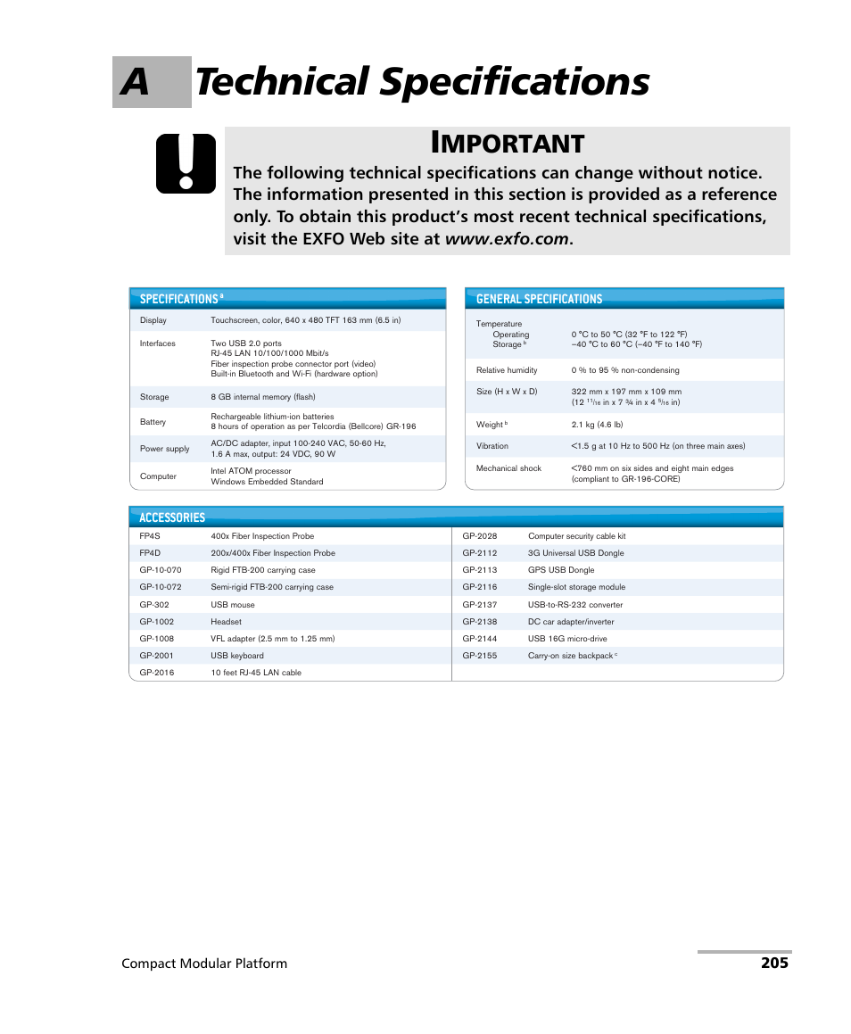 A technical specifications, Mportant, Specifications | General specifications, Accessories, Compact modular platform | EXFO FTB-200 v2 Compact Modular Platform User Manual | Page 215 / 222