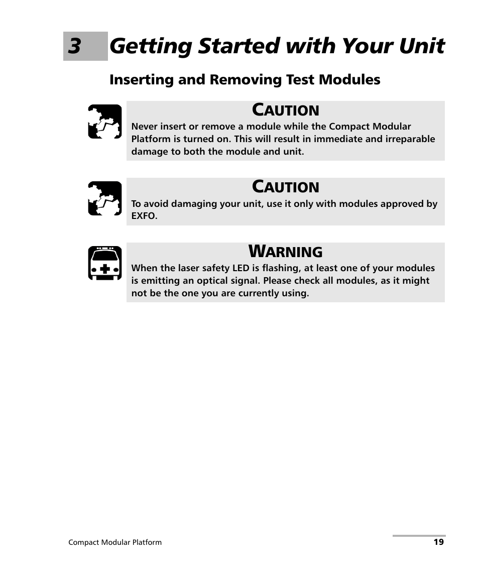 3 getting started with your unit, Inserting and removing test modules, 3getting started with your unit | EXFO FTB-200 v2 Compact Modular Platform User Manual | Page 29 / 222