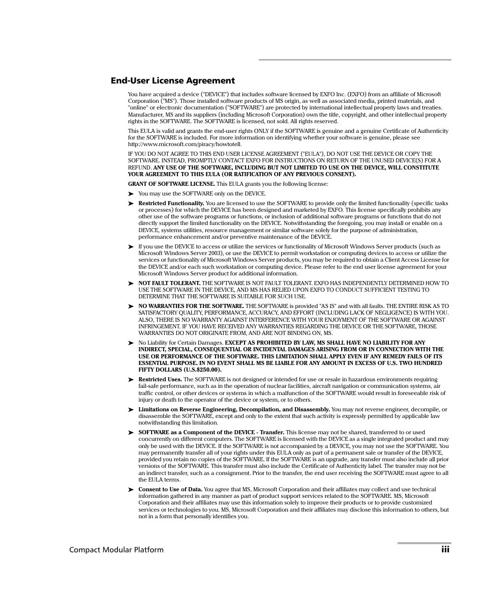 Iii end-user license agreement, Compact modular platform | EXFO FTB-200 v2 Compact Modular Platform User Manual | Page 3 / 222