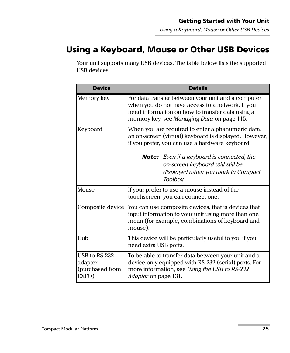 Using a keyboard, mouse or other usb devices | EXFO FTB-200 v2 Compact Modular Platform User Manual | Page 35 / 222