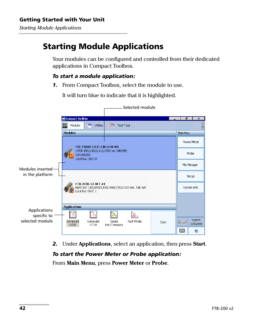 Starting module applications | EXFO FTB-200 v2 Compact Modular Platform User Manual | Page 52 / 222