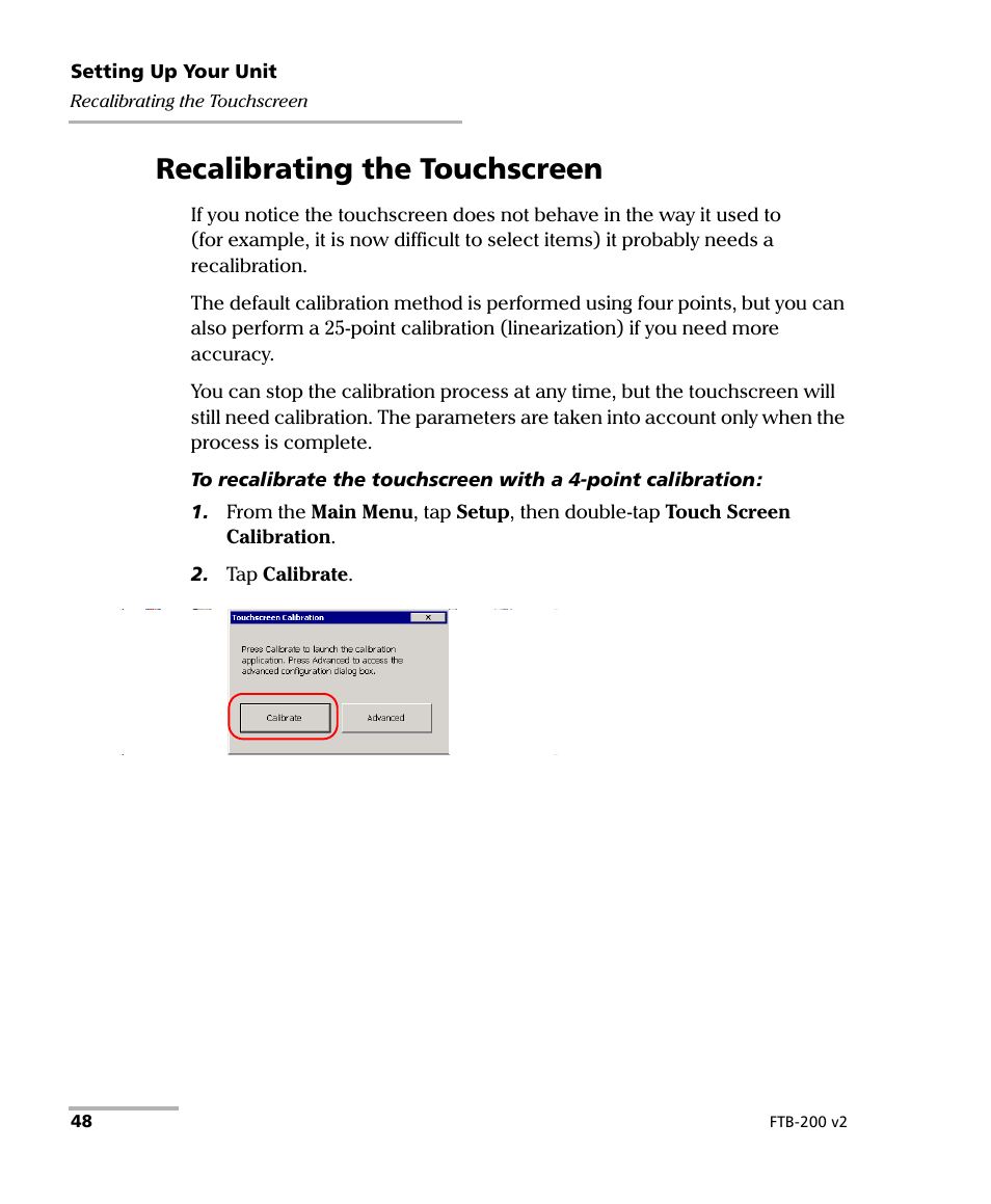 Recalibrating the touchscreen | EXFO FTB-200 v2 Compact Modular Platform User Manual | Page 58 / 222