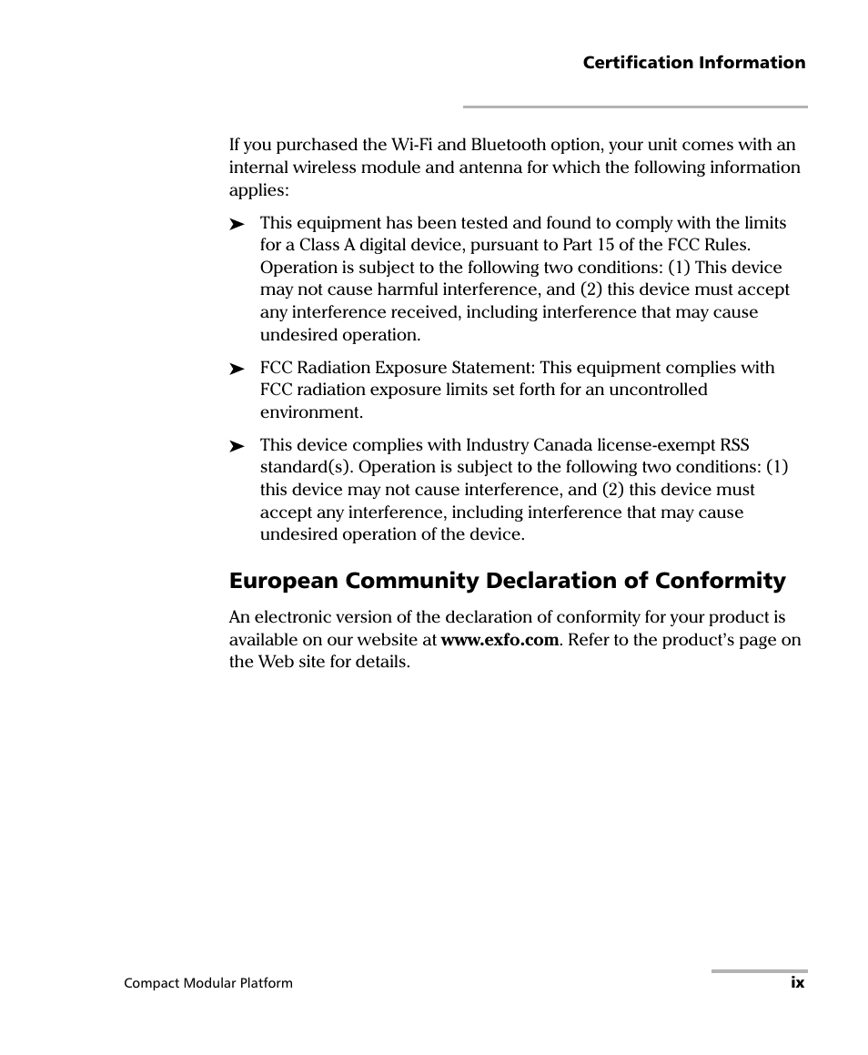 European community declaration of conformity | EXFO FTB-200 v2 Compact Modular Platform User Manual | Page 9 / 222