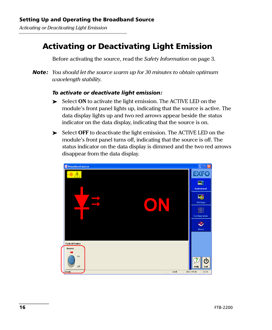 Activating or deactivating light emission | EXFO FTB-2200 for FTB-200 v2 User Manual | Page 20 / 41