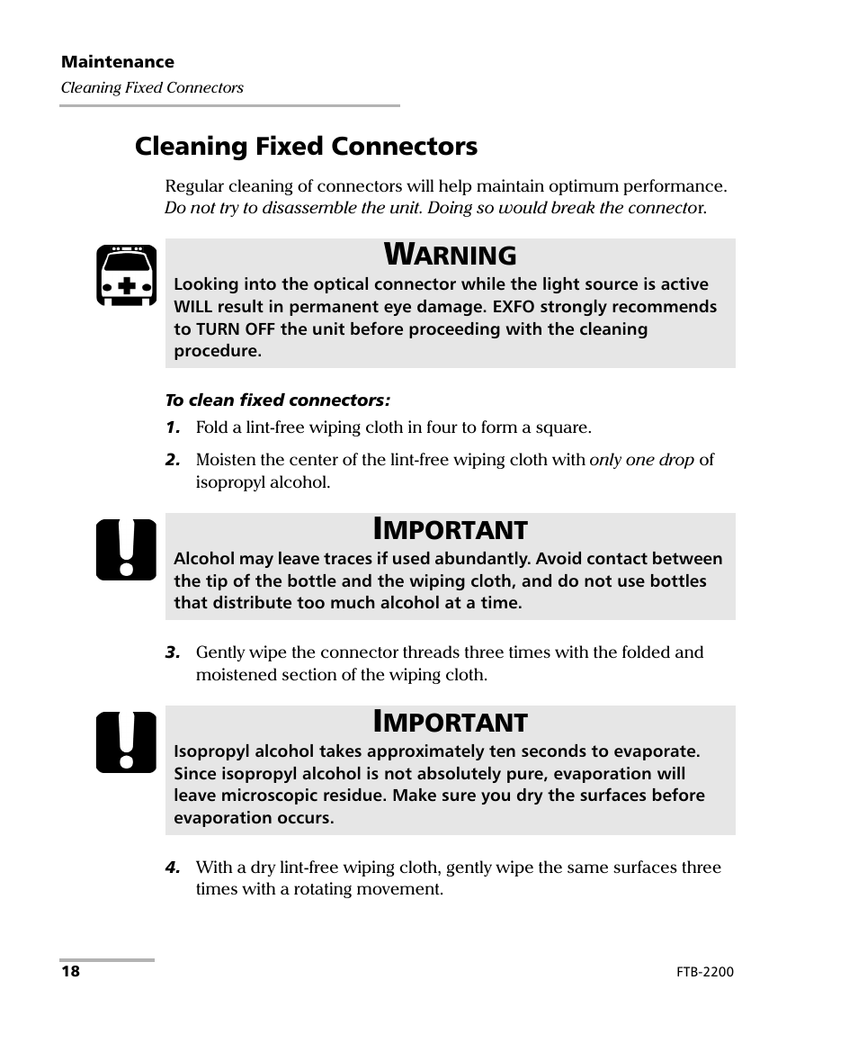 Cleaning fixed connectors, Arning, Mportant | EXFO FTB-2200 for FTB-200 v2 User Manual | Page 22 / 41