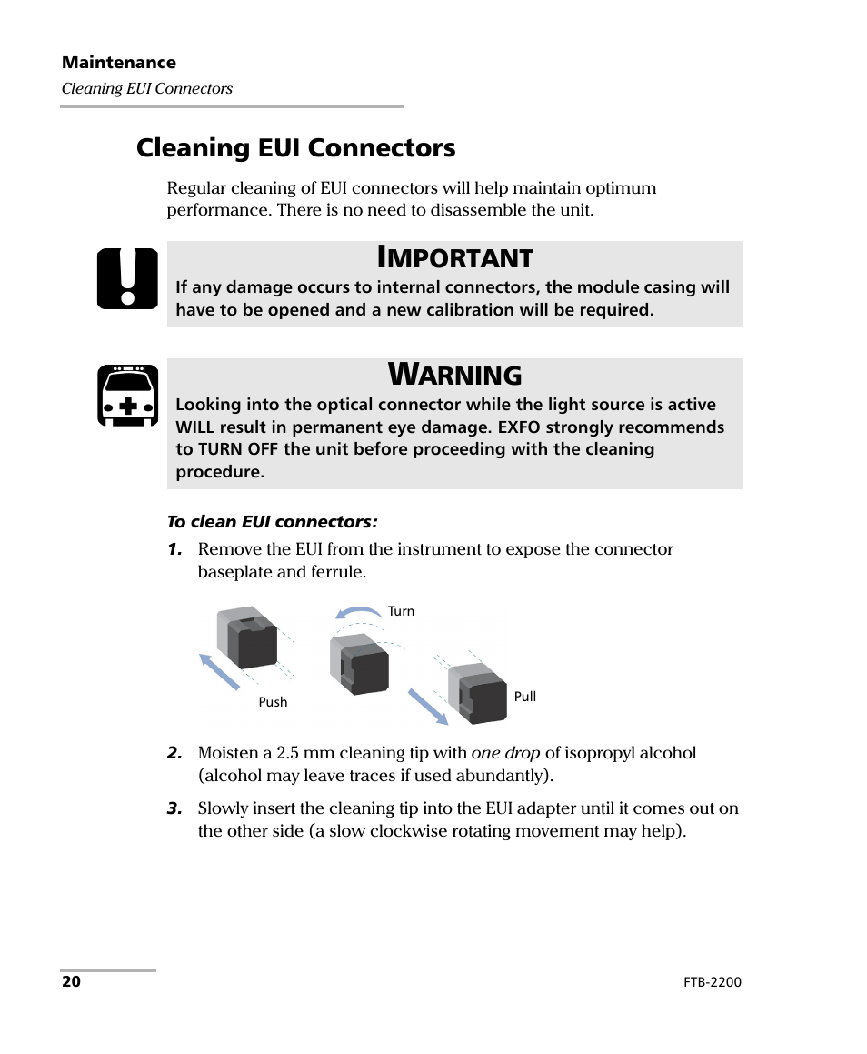 Cleaning eui connectors, Mportant, Arning | EXFO FTB-2200 for FTB-200 v2 User Manual | Page 24 / 41