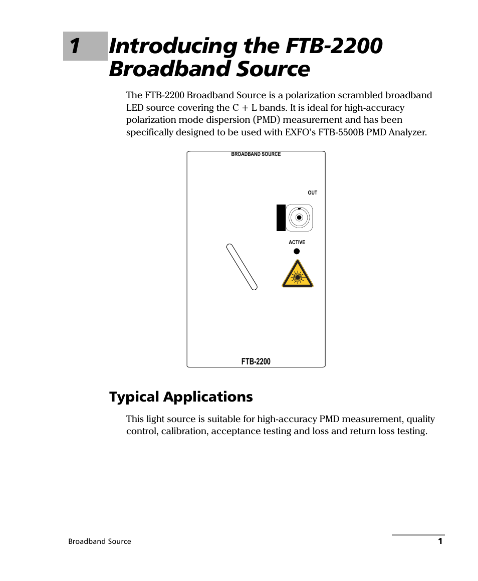 1 introducing the ftb-2200 broadband source, Typical applications | EXFO FTB-2200 for FTB-200 v2 User Manual | Page 5 / 41