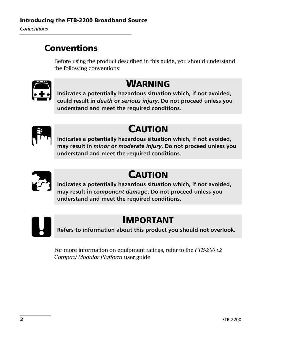 Conventions, Arning, Aution | Mportant | EXFO FTB-2200 for FTB-200 v2 User Manual | Page 6 / 41