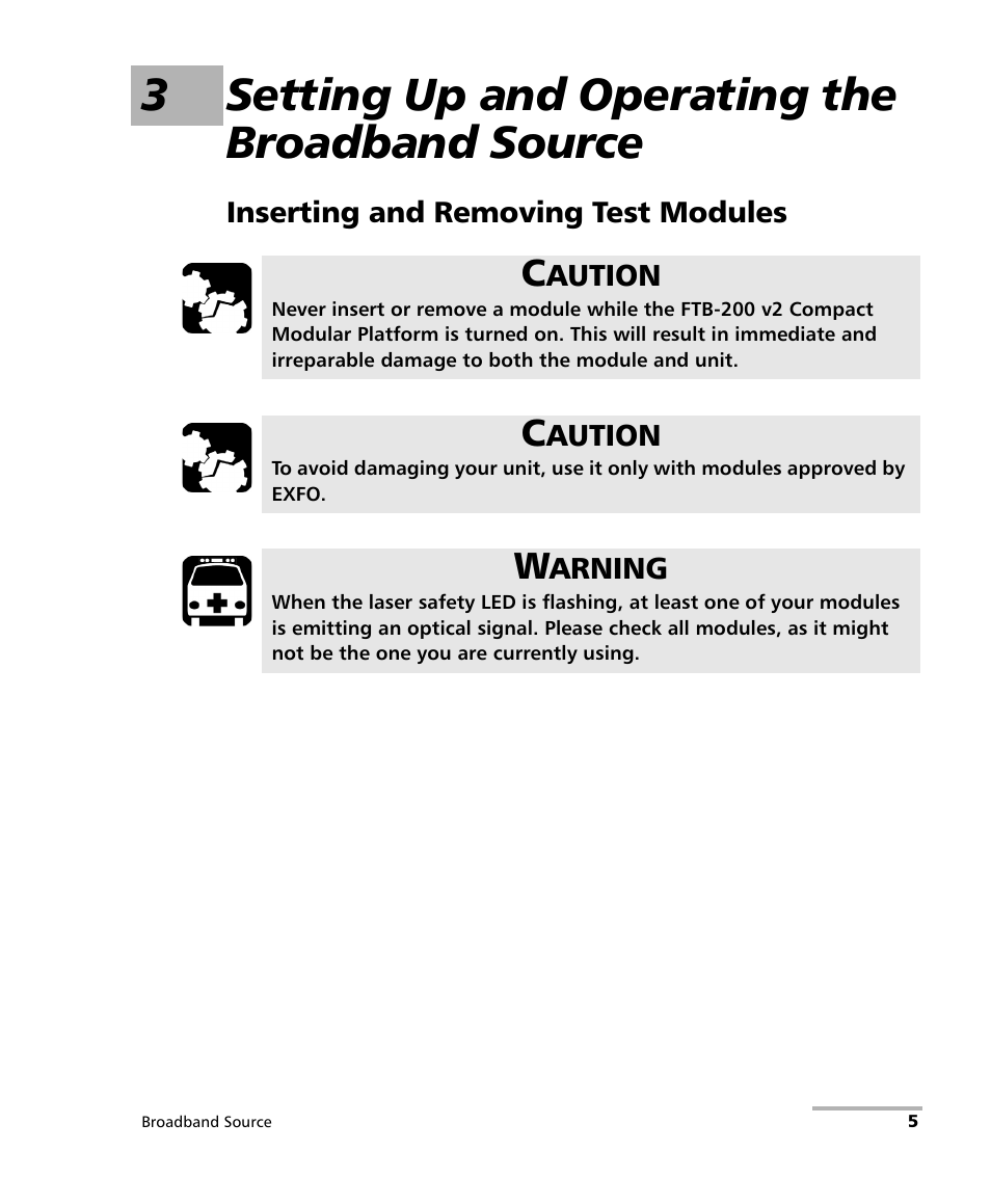 3 setting up and operating the broadband source, Inserting and removing test modules, 3setting up and operating the broadband source | EXFO FTB-2200 for FTB-200 v2 User Manual | Page 9 / 41