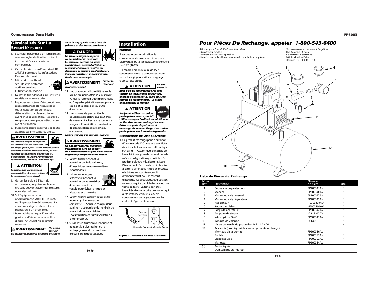 Généralités sur la sécurité, Installation | Campbell Hausfeld FP2003 User Manual | Page 10 / 24