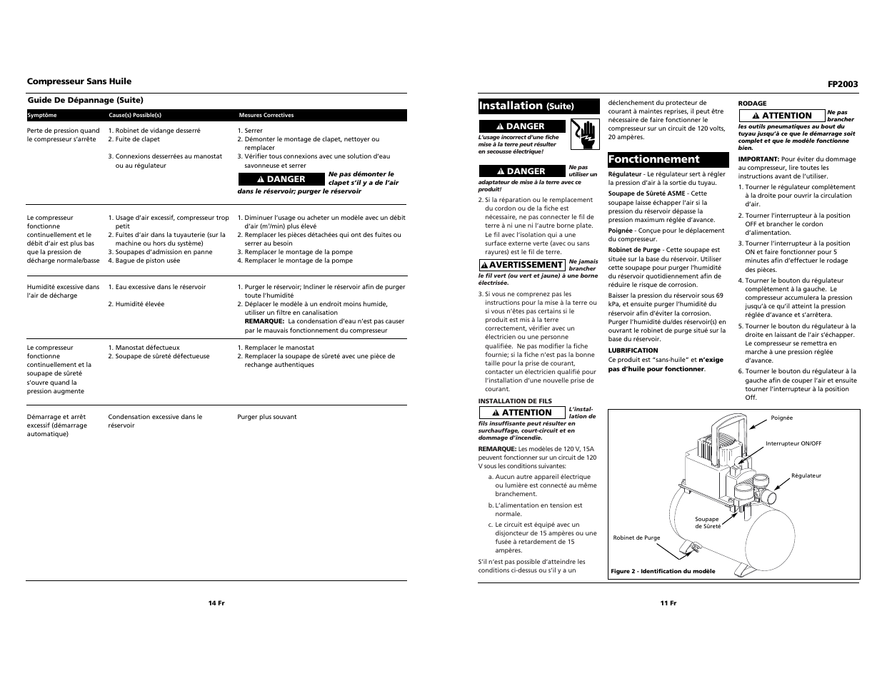 Installation, Fonctionnement | Campbell Hausfeld FP2003 User Manual | Page 11 / 24