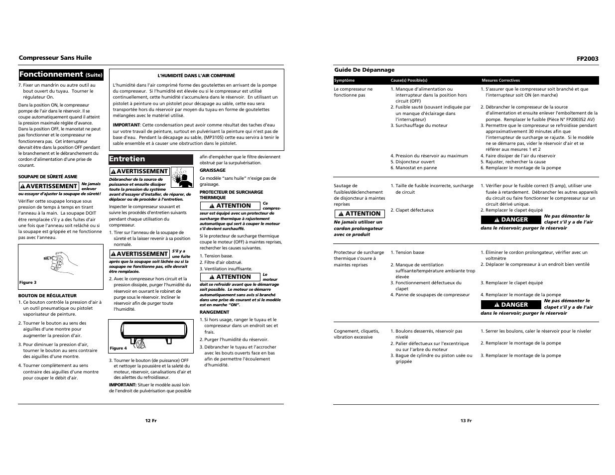 Entretien, Fonctionnement | Campbell Hausfeld FP2003 User Manual | Page 12 / 24