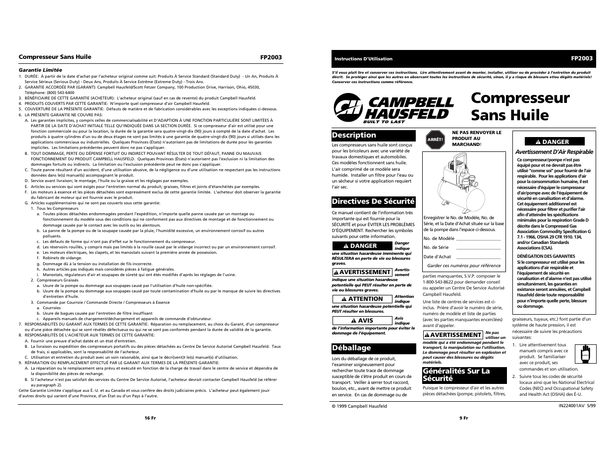 Compresseur sans huile | Campbell Hausfeld FP2003 User Manual | Page 16 / 24