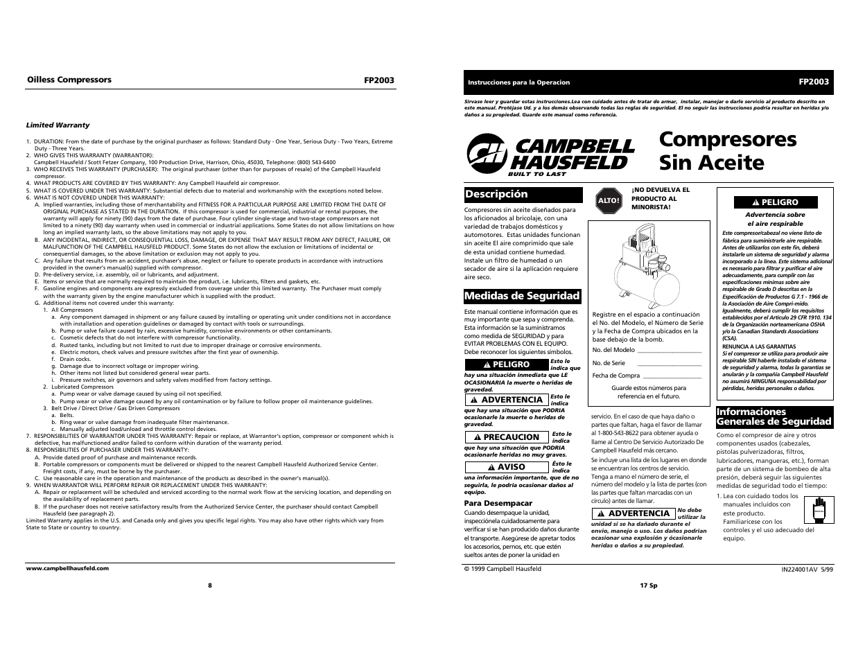 Compresores sin aceite, Descripción medidas de seguridad | Campbell Hausfeld FP2003 User Manual | Page 17 / 24