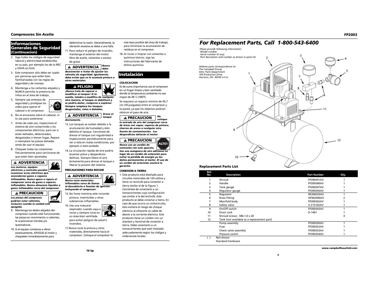 Instalación | Campbell Hausfeld FP2003 User Manual | Page 18 / 24