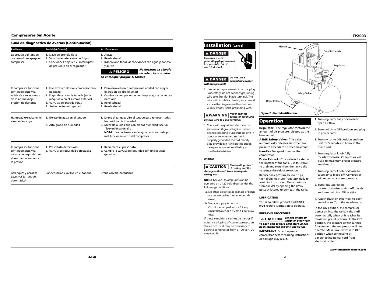 Operation, Installation | Campbell Hausfeld FP2003 User Manual | Page 22 / 24