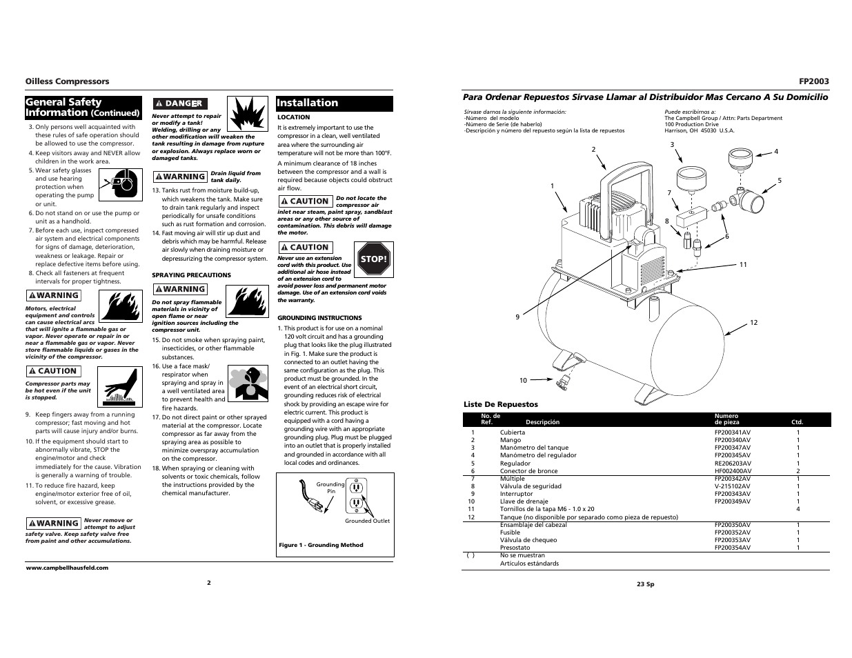 General safety information, Installation | Campbell Hausfeld FP2003 User Manual | Page 23 / 24