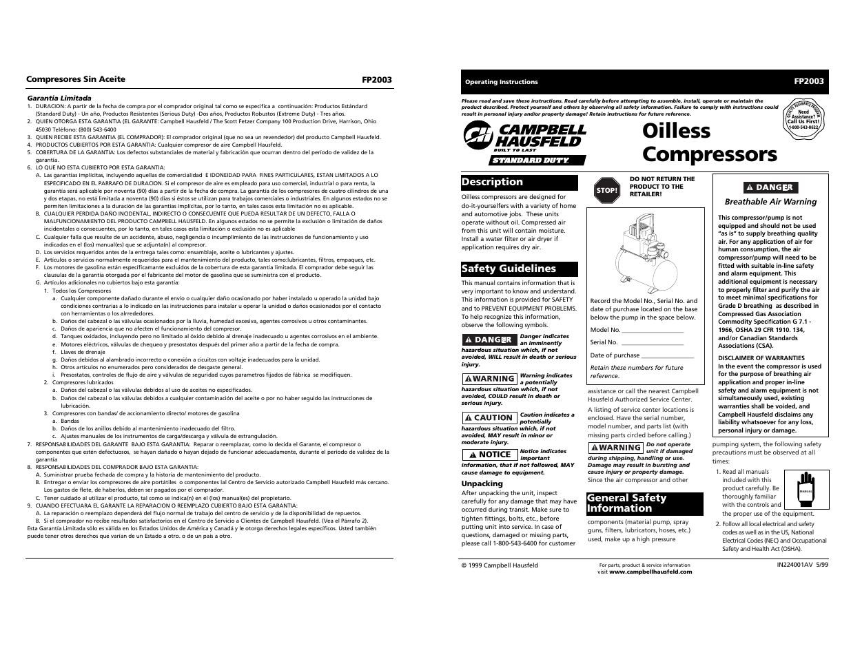 Oilless compressors | Campbell Hausfeld FP2003 User Manual | Page 24 / 24