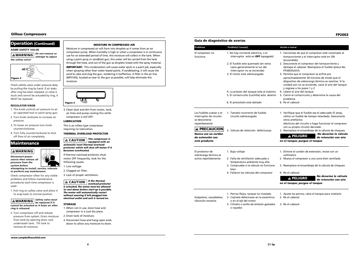 Operation, Maintenance | Campbell Hausfeld FP2003 User Manual | Page 4 / 24