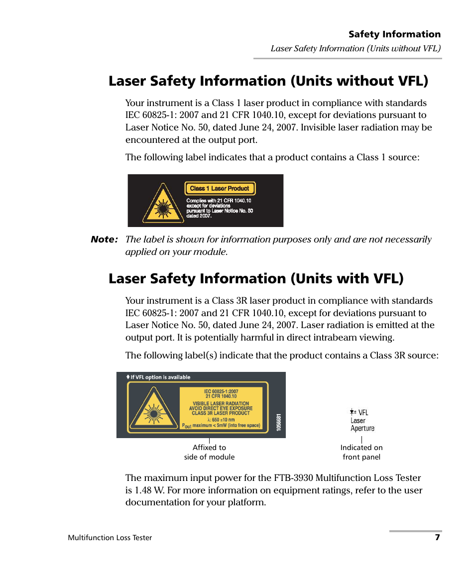 Laser safety information (units without vfl), Laser safety information (units with vfl) | EXFO FTB-3930 MultiTest User Manual | Page 13 / 101