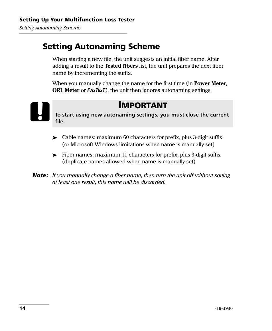 Setting autonaming scheme, Mportant | EXFO FTB-3930 MultiTest User Manual | Page 20 / 101