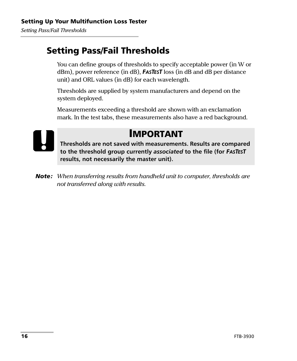 Setting pass/fail thresholds, Mportant | EXFO FTB-3930 MultiTest User Manual | Page 22 / 101