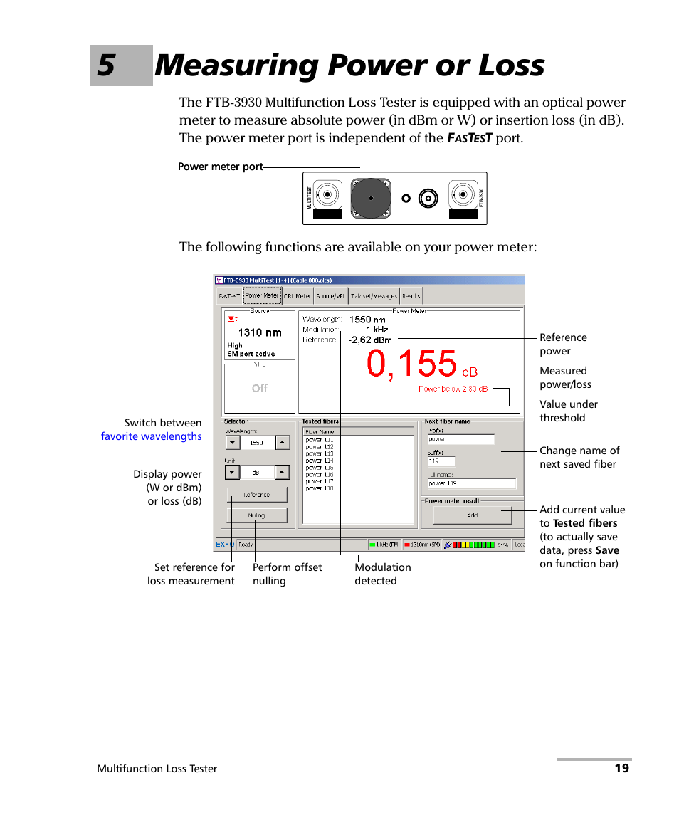 5 measuring power or loss, 5measuring power or loss | EXFO FTB-3930 MultiTest User Manual | Page 25 / 101