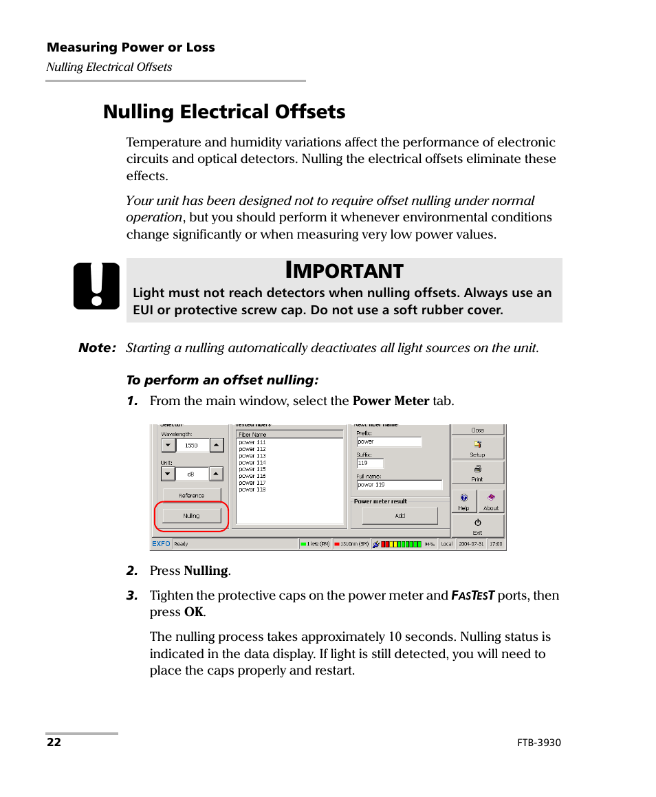 Nulling electrical offsets, Perform offset nulling, Mportant | EXFO FTB-3930 MultiTest User Manual | Page 28 / 101