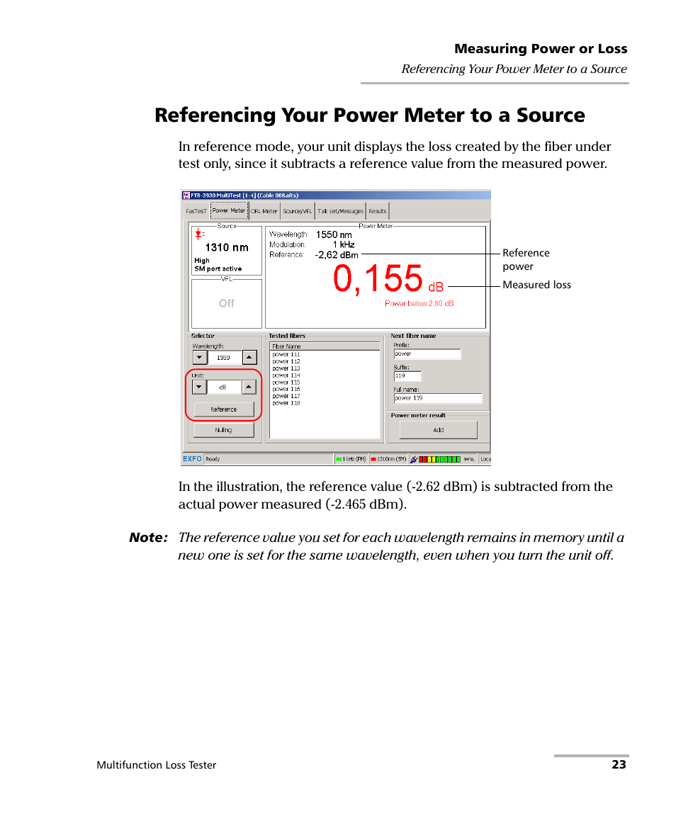 Referencing your power meter to a source, Reference power, Set reference for | Loss measurement | EXFO FTB-3930 MultiTest User Manual | Page 29 / 101