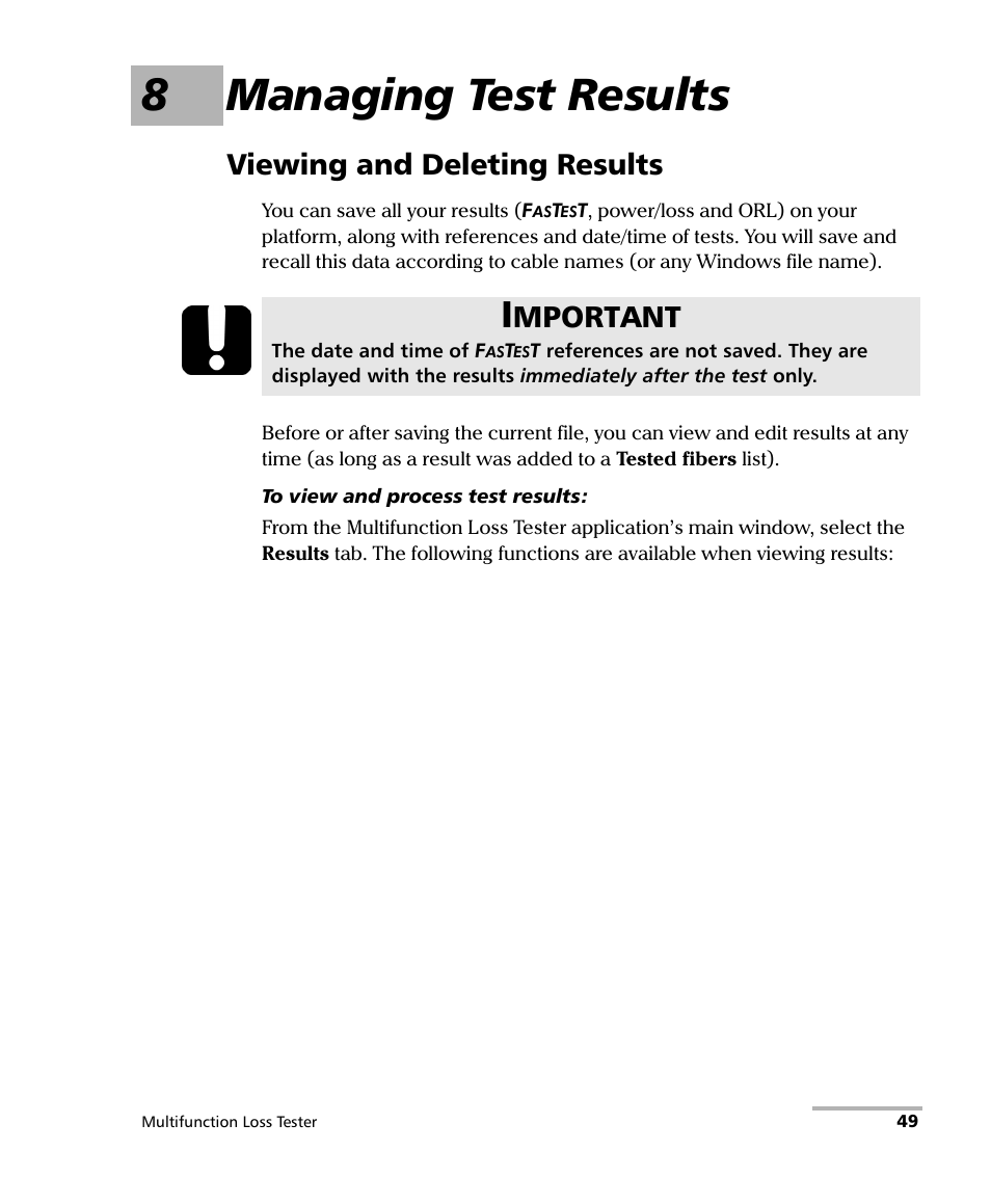 8 managing test results, Viewing and deleting results, 8managing test results | Mportant | EXFO FTB-3930 MultiTest User Manual | Page 55 / 101