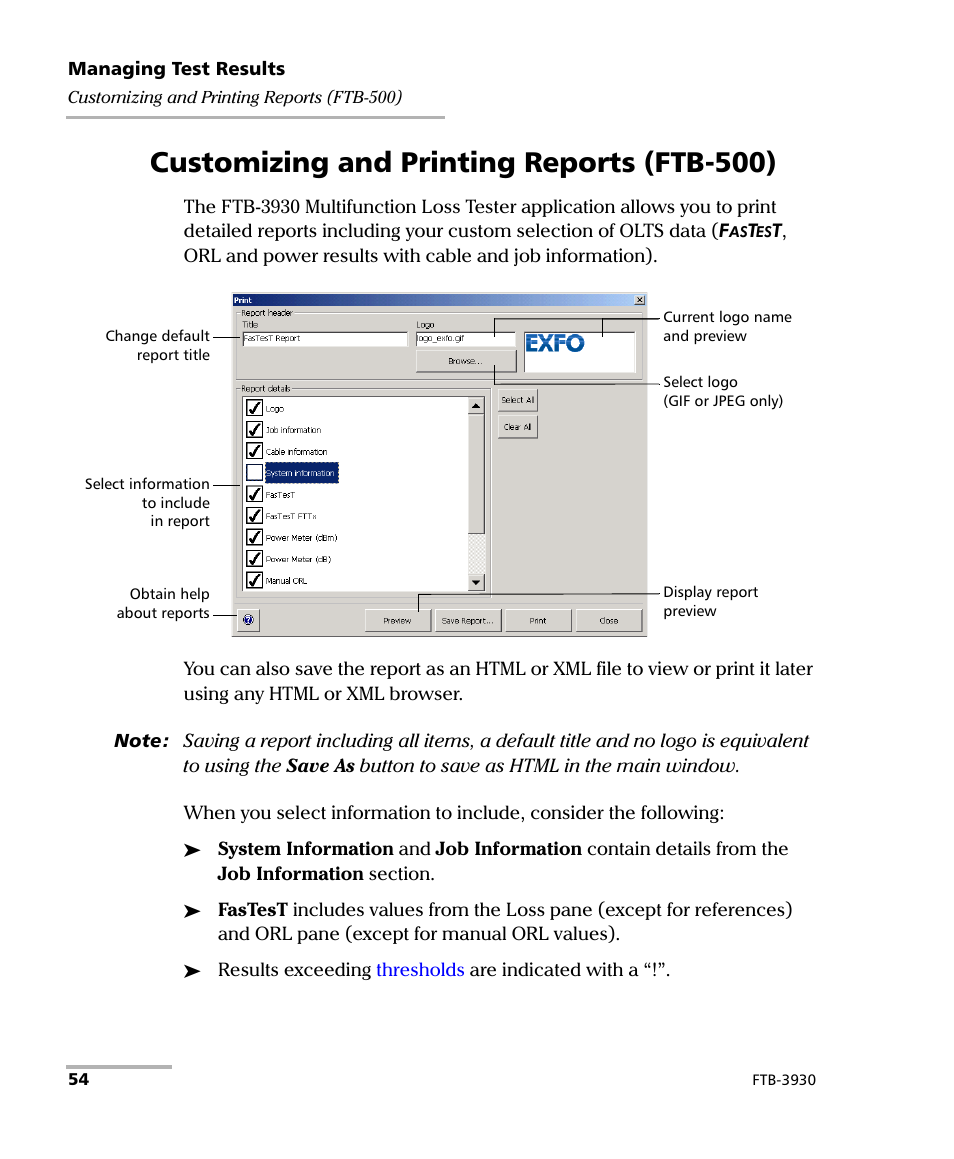 Customizing and printing reports (ftb-500) | EXFO FTB-3930 MultiTest User Manual | Page 60 / 101