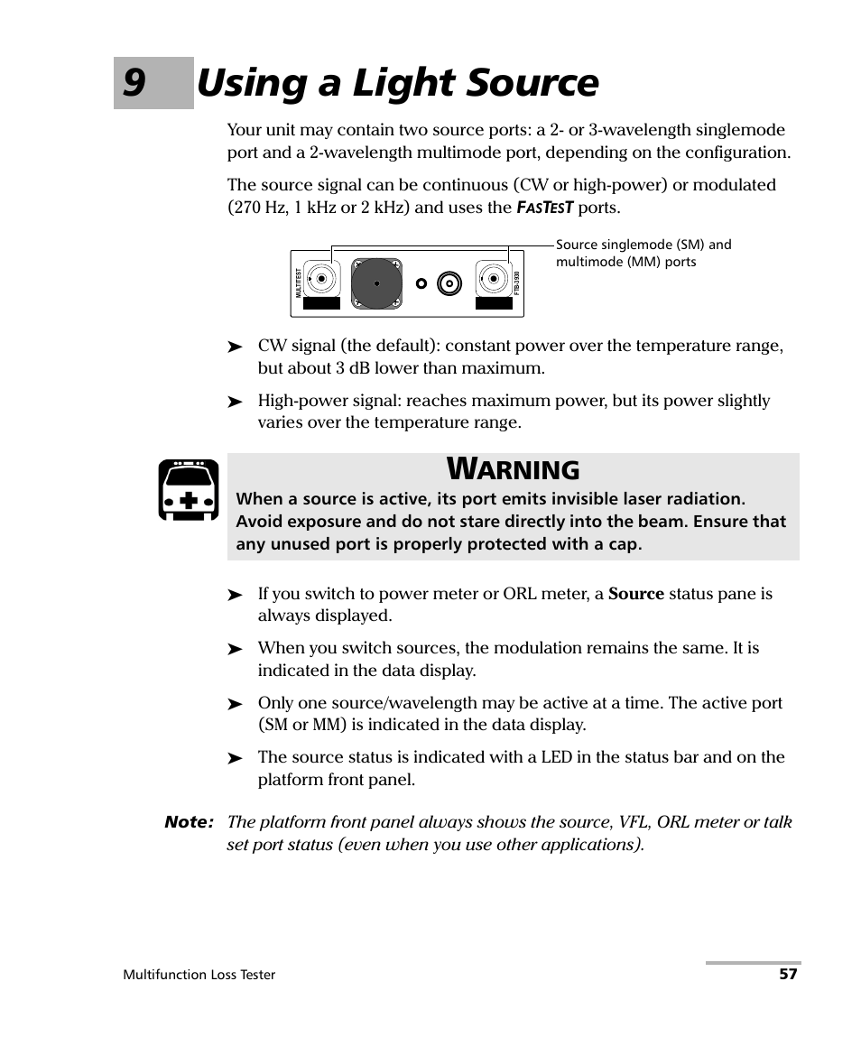 9 using a light source, 9using a light source, Arning | EXFO FTB-3930 MultiTest User Manual | Page 63 / 101
