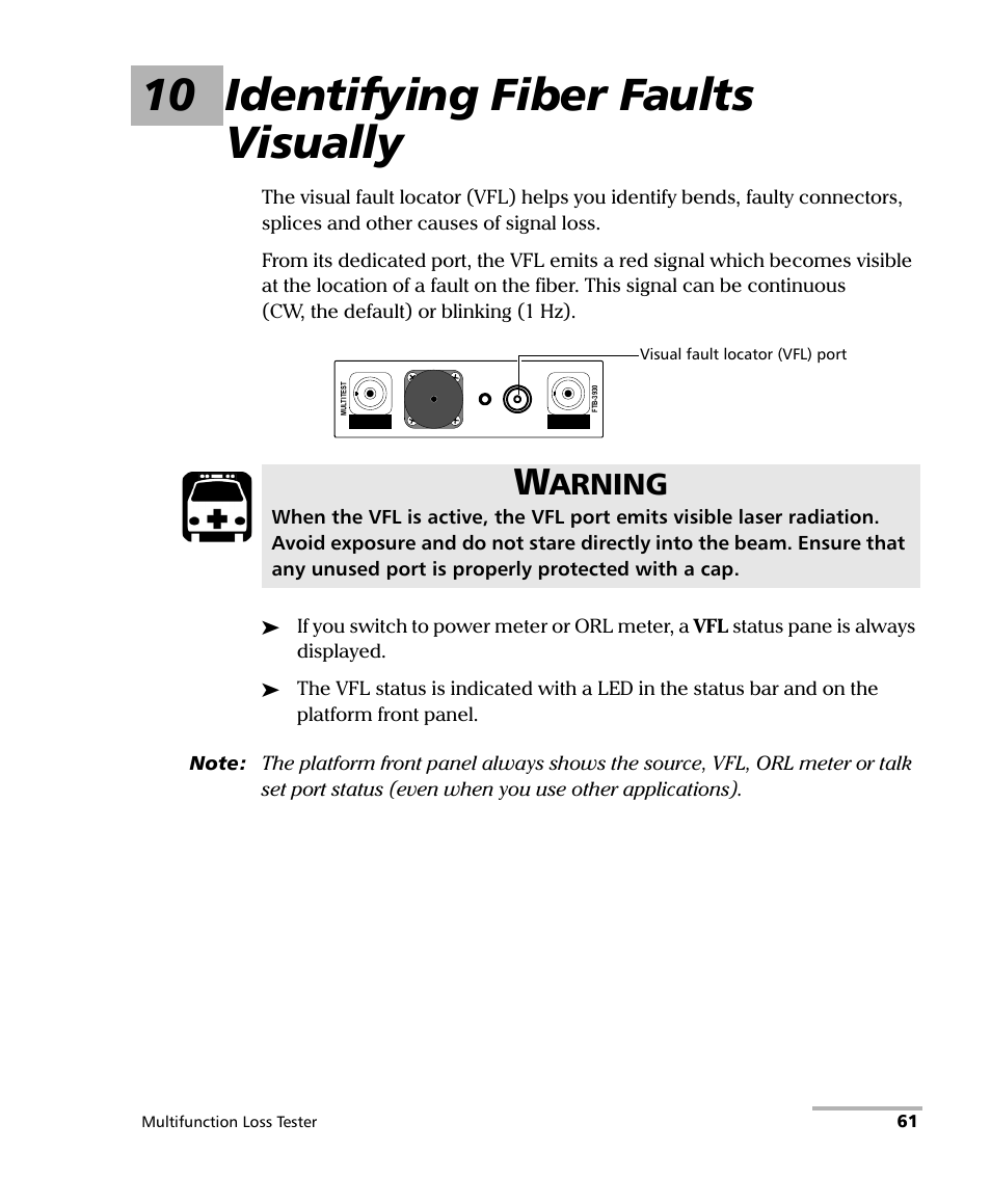 10 identifying fiber faults visually, Arning | EXFO FTB-3930 MultiTest User Manual | Page 67 / 101