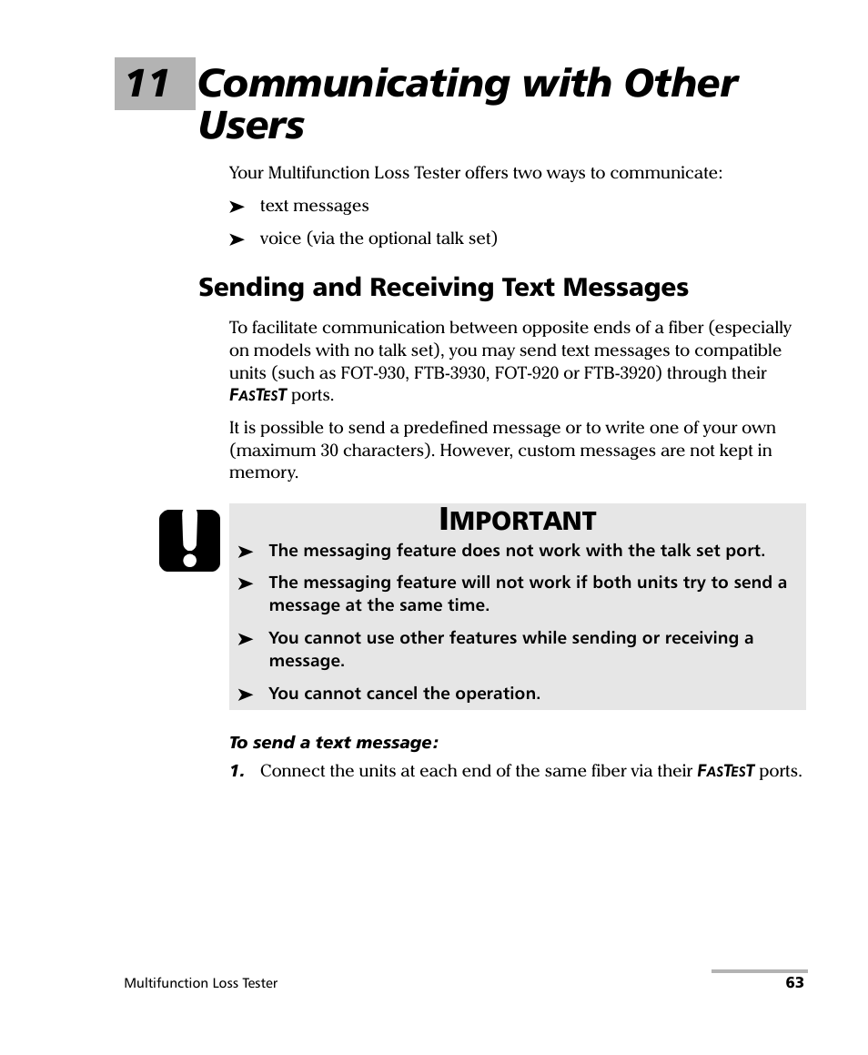 11 communicating with other users, Sending and receiving text messages, Mportant | EXFO FTB-3930 MultiTest User Manual | Page 69 / 101