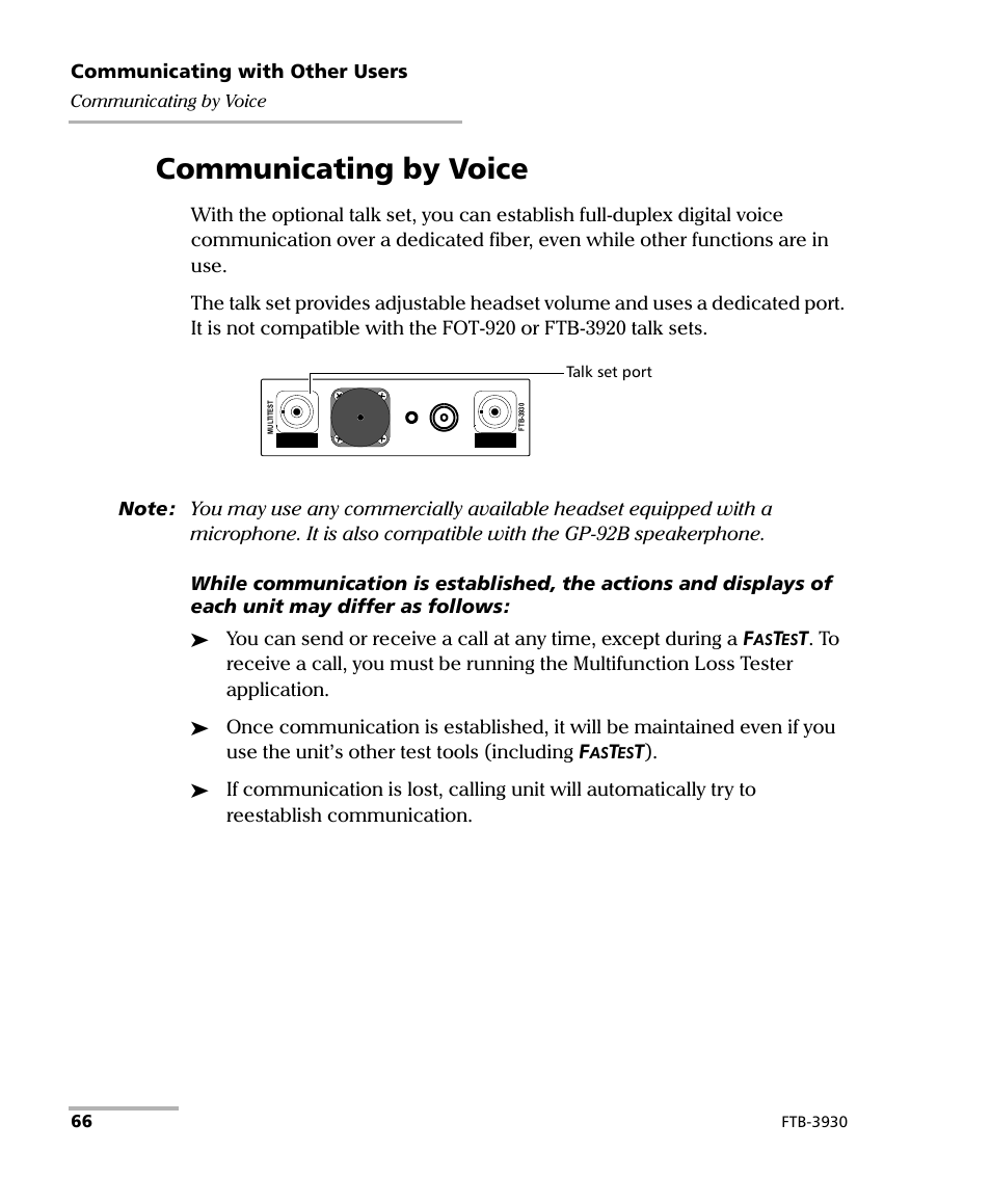 Communicating by voice, Voice (via the optional talk set) | EXFO FTB-3930 MultiTest User Manual | Page 72 / 101