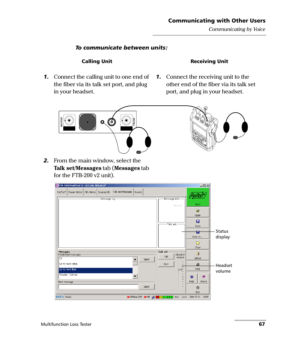 Communicating with other users, 67 communicating by voice, Calling unit receiving unit | EXFO FTB-3930 MultiTest User Manual | Page 73 / 101