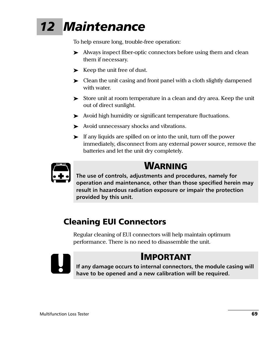 12 maintenance, Cleaning eui connectors, Arning | Mportant | EXFO FTB-3930 MultiTest User Manual | Page 75 / 101