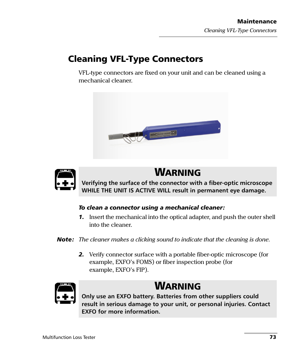 Cleaning vfl-type connectors, Arning | EXFO FTB-3930 MultiTest User Manual | Page 79 / 101
