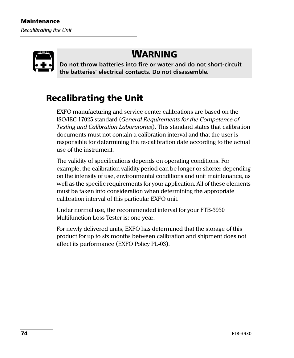 Recalibrating the unit, Arning | EXFO FTB-3930 MultiTest User Manual | Page 80 / 101