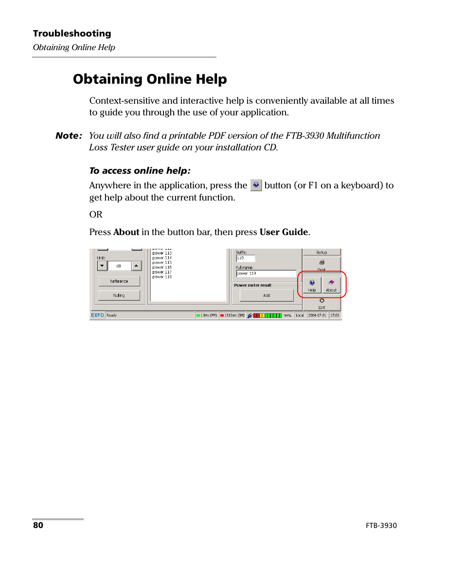 Obtaining online help | EXFO FTB-3930 MultiTest User Manual | Page 86 / 101